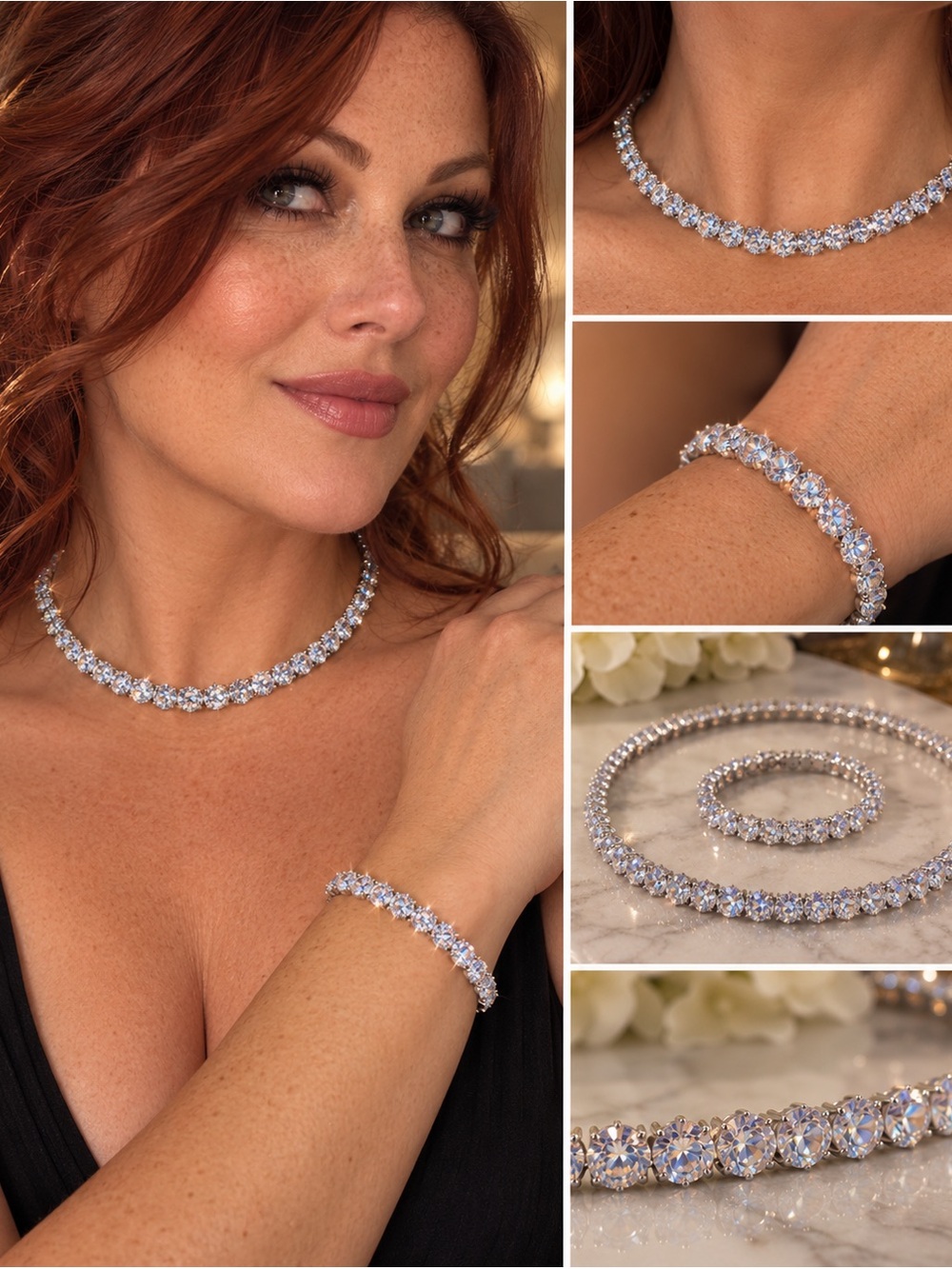 Cubic Zirconia CZ Open Choker Necklace & Matching Tennis Bracelet Set